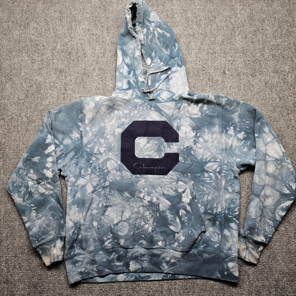 Champion Reverse Weave Tie Dye Hoodie Blue White Chenille C Logo Large